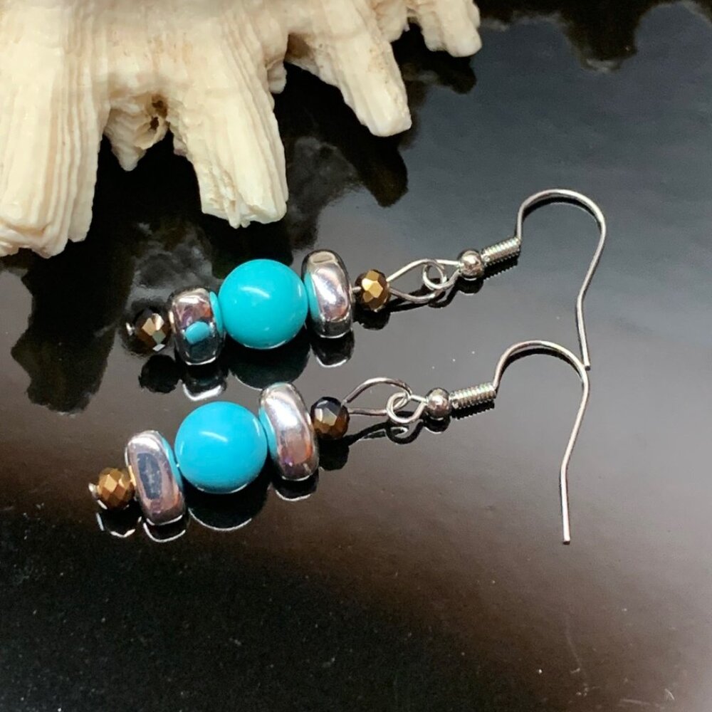 Turquoise & Silver Hematite & Crystals Handmade Pierced Earrings LR125